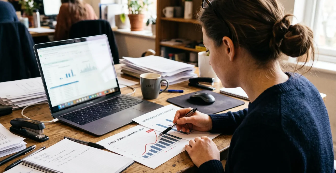 Une analyste RH examine des courbes de turnover et d'absentéisme imprimées à son bureau.