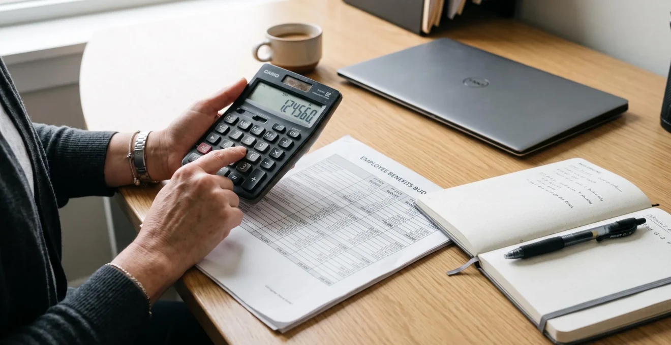 Des mains vérifient un budget d'avantages sociaux avec une calculatrice sur un bureau.
