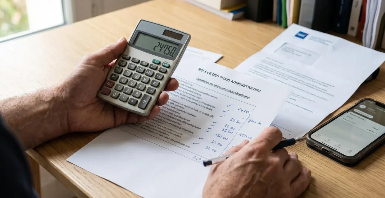 Gros plan sur les mains d'un entrepreneur calculant des frais administratifs imprimés avec une calculatrice, des annotations au stylo sur les marges.