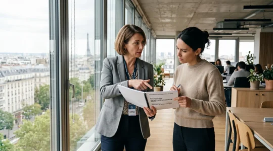 Une directrice des ressources humaines discute d'un rapport sur les avantages salariés avec une collègue.