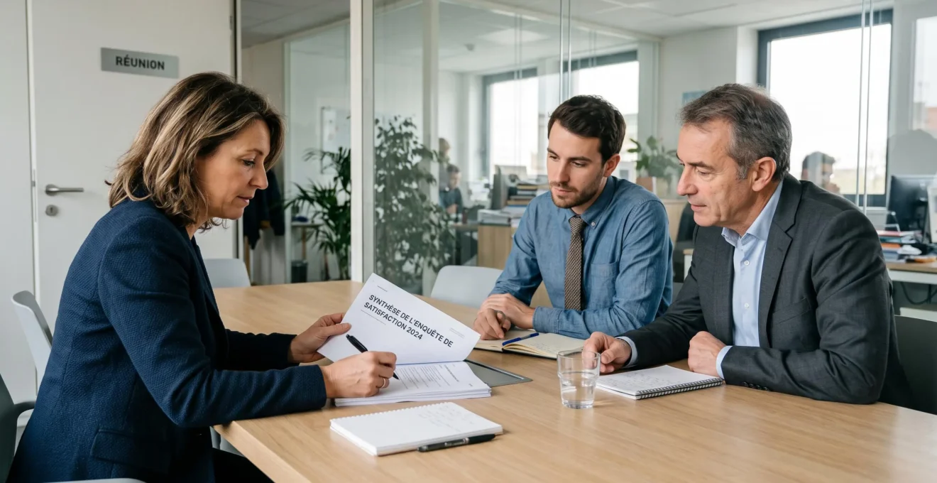 Deux managers et un salarié examinent ensemble des questionnaires de satisfaction imprimés en réunion.